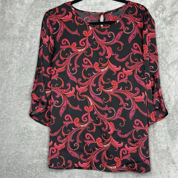 Zac & Rachel XL Shirt Top Red Paisley Bell 3/4 Sleeve Round Neck Button Back - Picture 1 of 9
